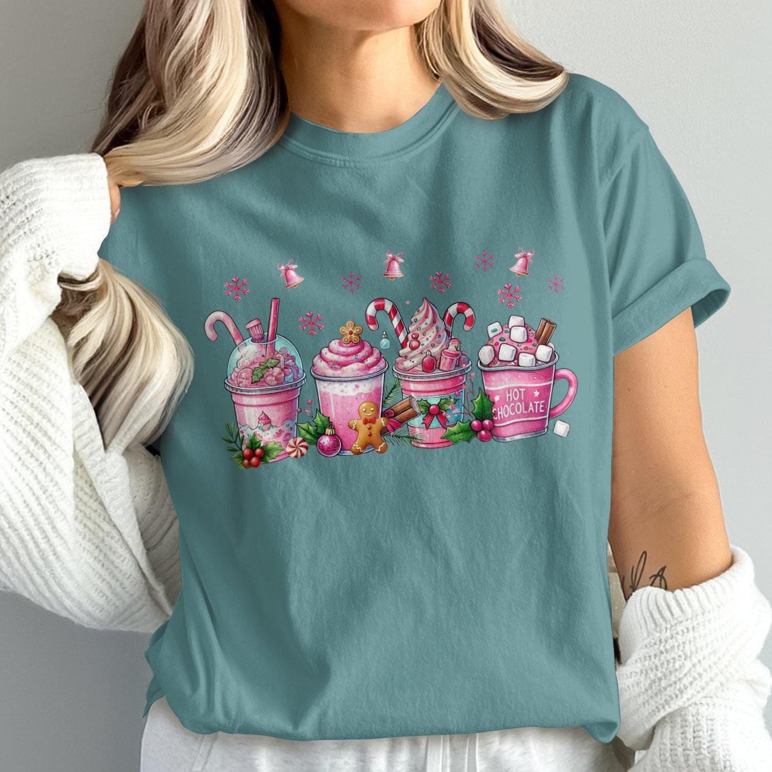 Festive Pink Holiday Beverages Comfort Colors T-Shirts
