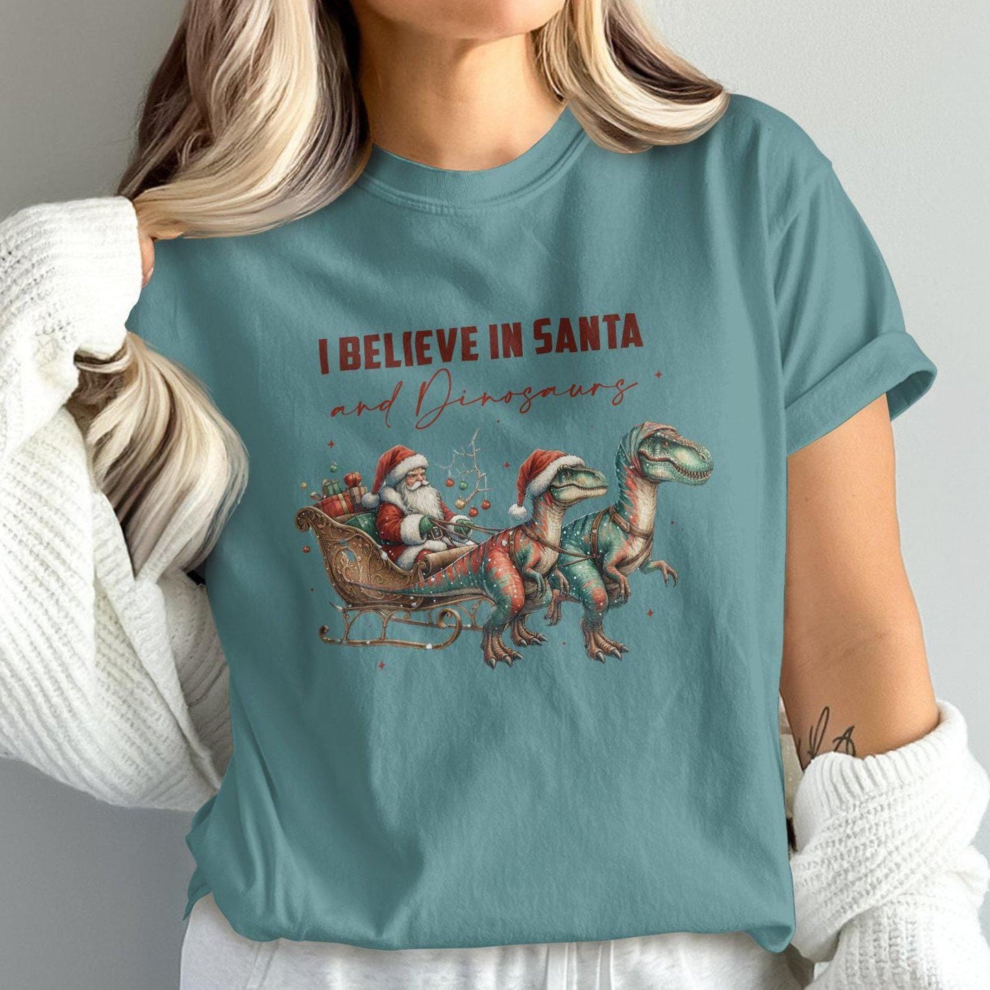I Believe in Santa and Dinosaurs Comfort Colors T-Shirts