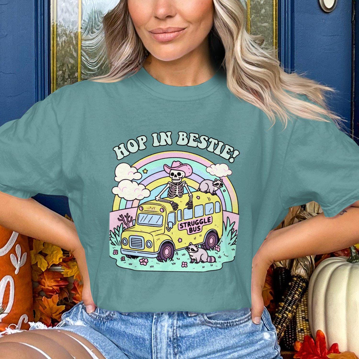 Hop in Bestie Struggle Bus T-Shirt, Skeleton Funny Graphic Tee, Comfort Colors T-Shirt, Pastel Vintage Aesthetic, Cute Raccoon Shirt
