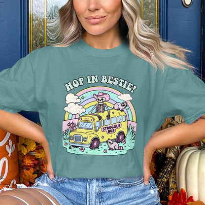 Hop in Bestie Struggle Bus T-Shirt, Skeleton Funny Graphic Tee, Comfort Colors T-Shirt, Pastel Vintage Aesthetic, Cute Raccoon Shirt