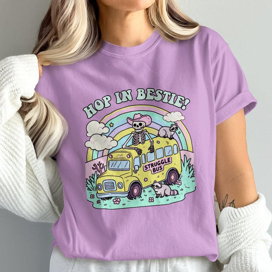 Hop in Bestie Struggle Bus T-Shirt, Skeleton Funny Graphic Tee, Comfort Colors T-Shirt, Pastel Vintage Aesthetic, Cute Raccoon Shirt