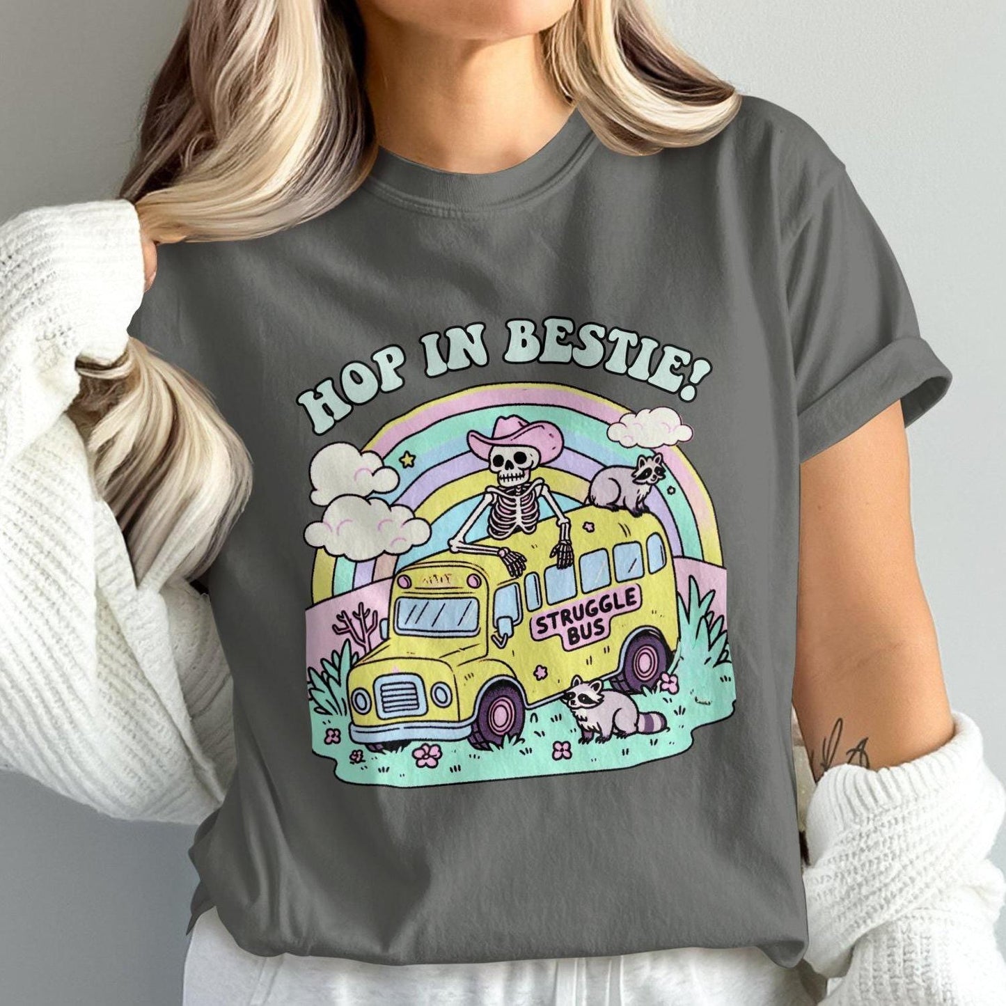 Hop in Bestie Struggle Bus T-Shirt, Skeleton Funny Graphic Tee, Comfort Colors T-Shirt, Pastel Vintage Aesthetic, Cute Raccoon Shirt
