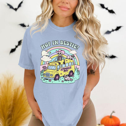 Hop in Bestie Struggle Bus T-Shirt, Skeleton Funny Graphic Tee, Comfort Colors T-Shirt, Pastel Vintage Aesthetic, Cute Raccoon Shirt