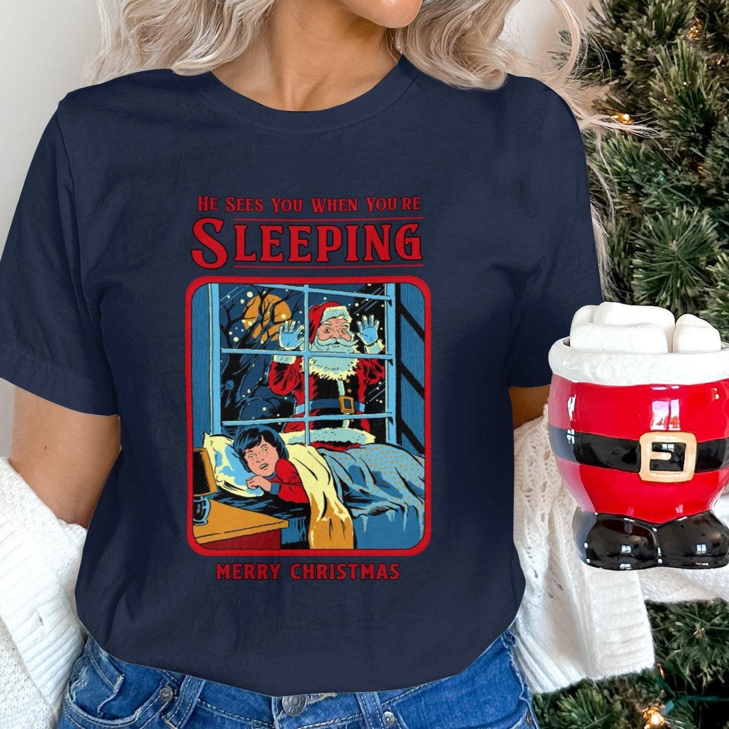 Funny Unhinged Santa T-Shirt, He Sees You When You're Sleeping, Merry Christmas Tee, Humorous Holiday Shirt, Unique Xmas Gift, Humor