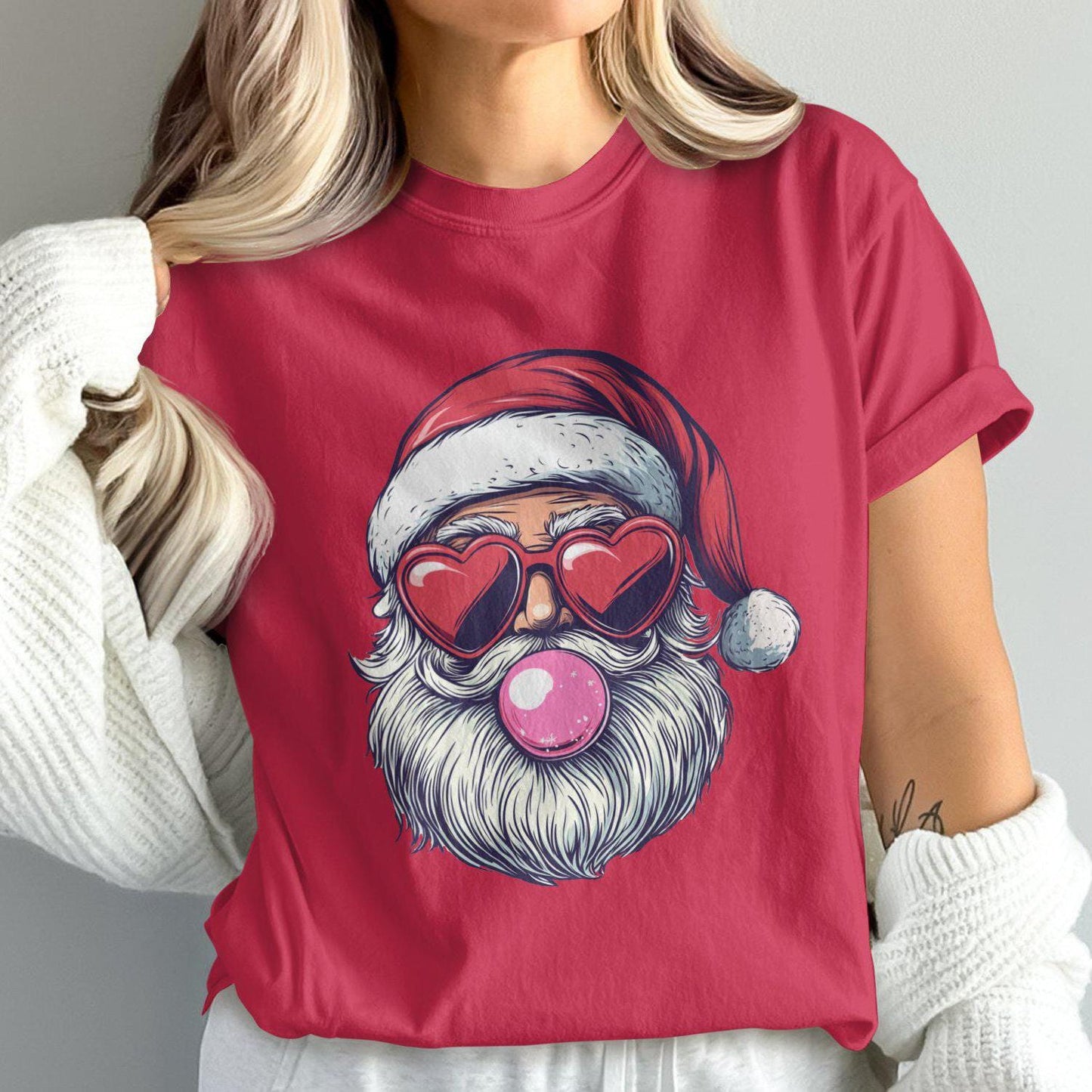 Santa Claus with Heart Sunglasses Bubblegum Comfort Colors T-Shirts