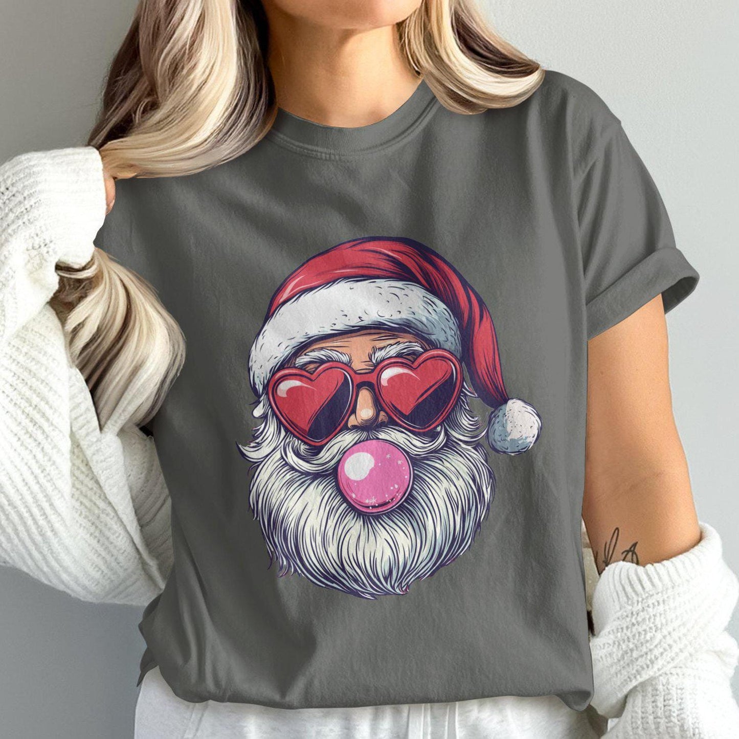 Santa Claus with Heart Sunglasses Bubblegum Comfort Colors T-Shirts