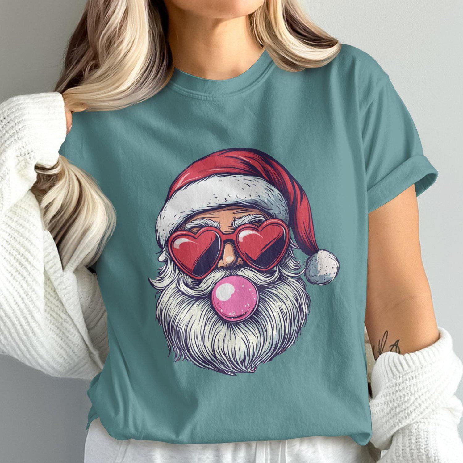 Santa Claus with Heart Sunglasses Bubblegum Comfort Colors T-Shirts
