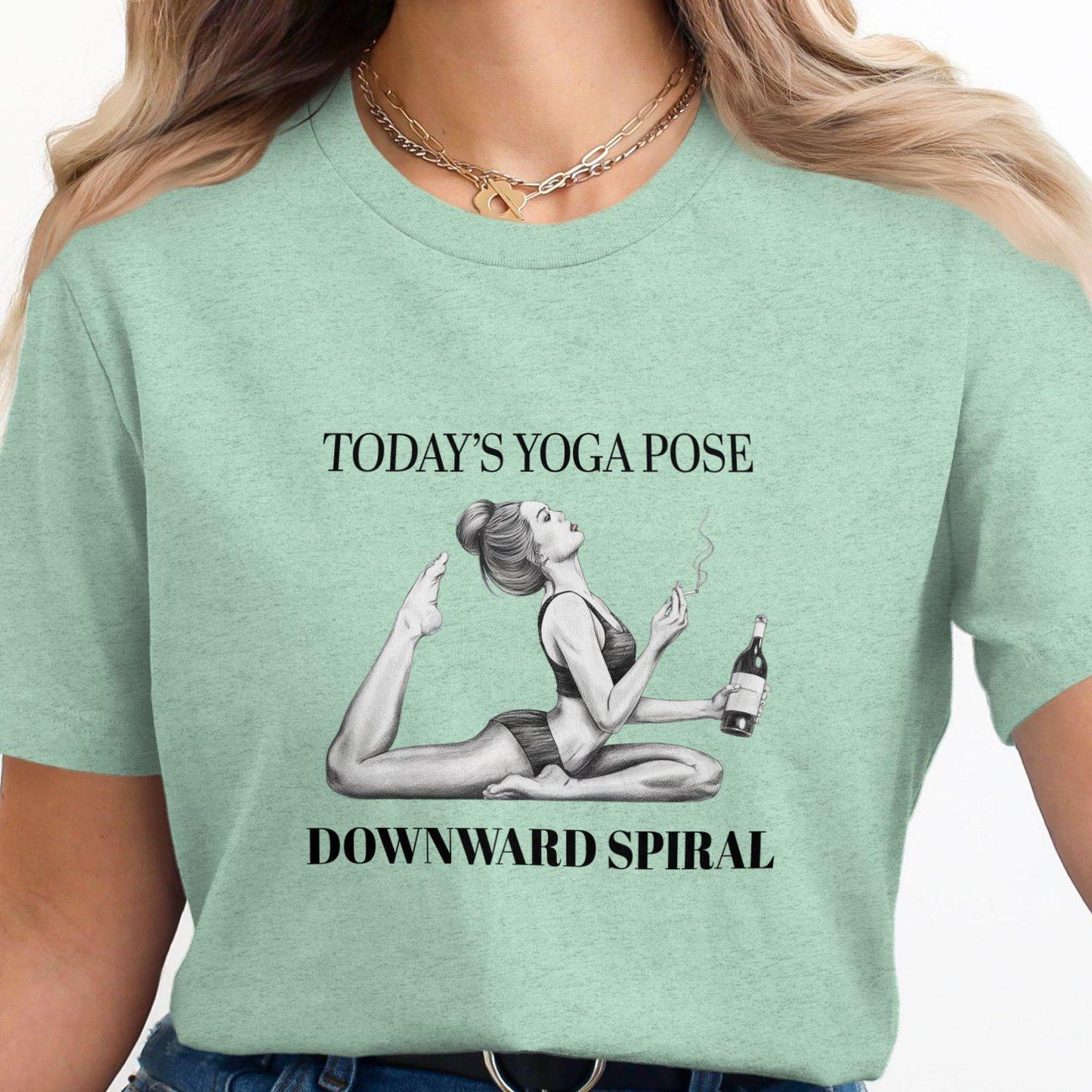 Yogi Gift, Funny Yoga Meme T-Shirt, Downward Spiral Yoga Pose Shirt, Wine Lover Yoga Tee, Yoga T-Shirt for Women, Humorous Yoga Apparel