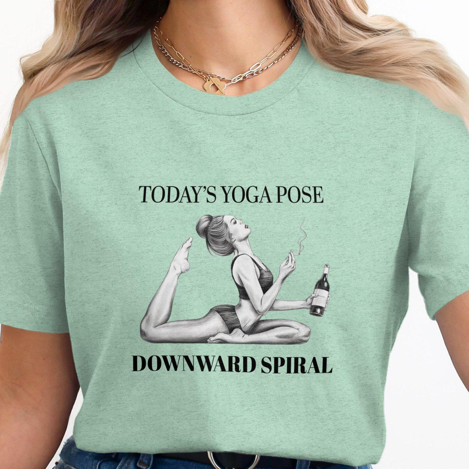 Yogi Gift, Funny Yoga Meme T-Shirt, Downward Spiral Yoga Pose Shirt, Wine Lover Yoga Tee, Yoga T-Shirt for Women, Humorous Yoga Apparel