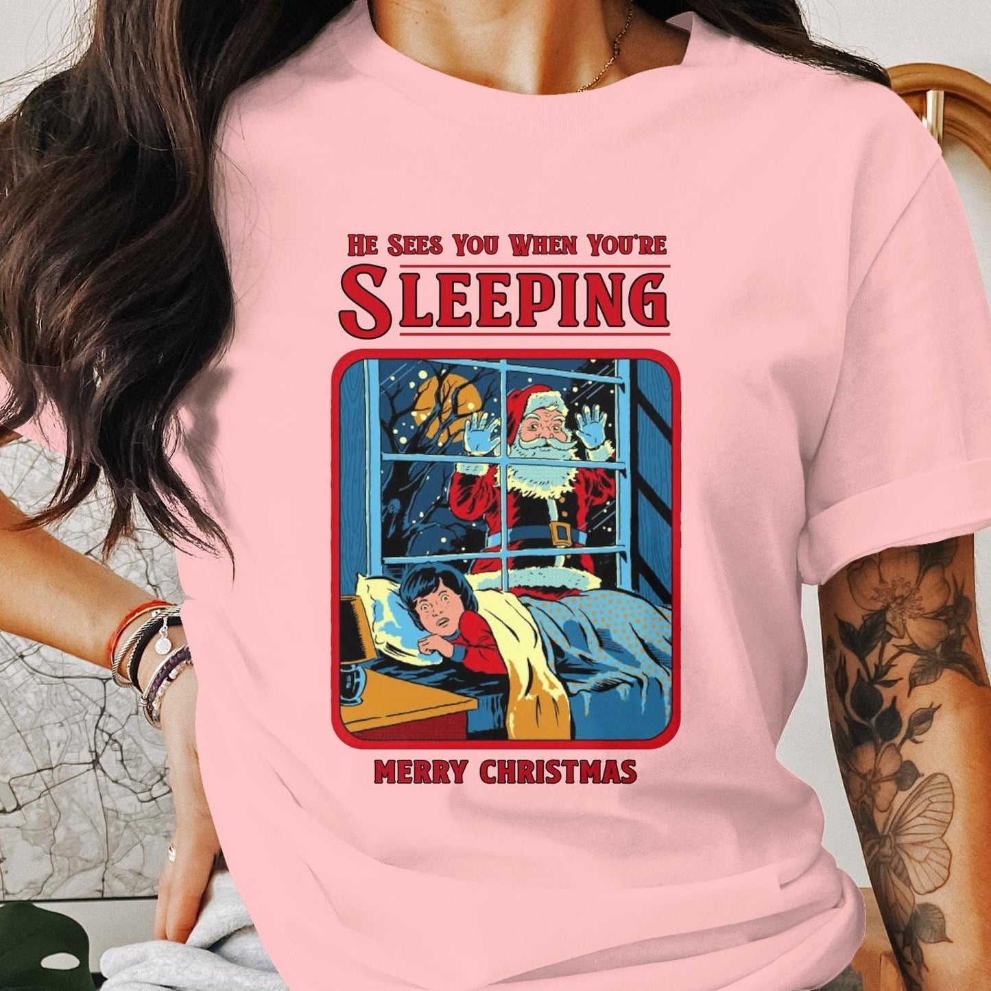 Funny Unhinged Santa T-Shirt, He Sees You When You're Sleeping, Merry Christmas Tee, Humorous Holiday Shirt, Unique Xmas Gift, Humor