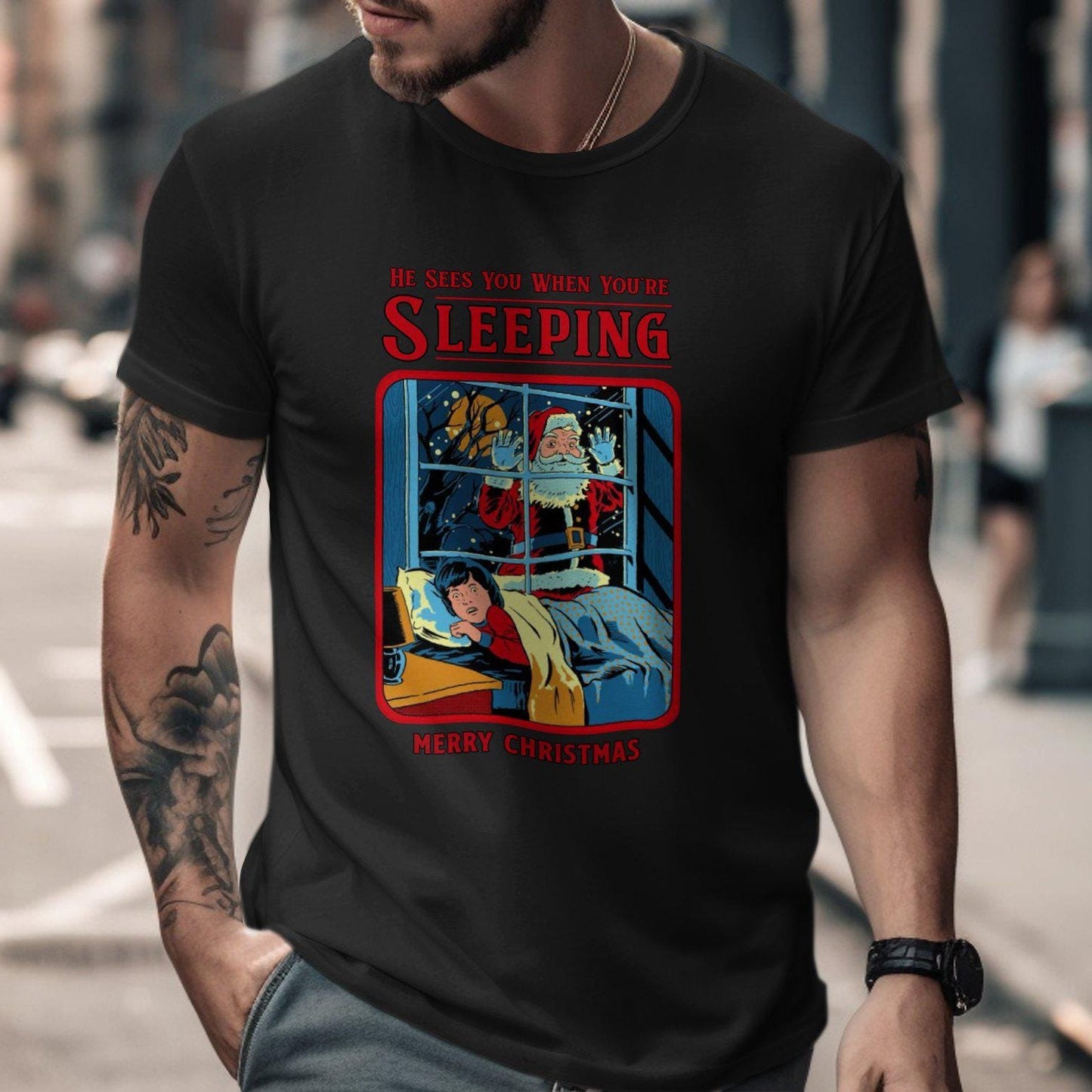 Funny Unhinged Santa T-Shirt, He Sees You When You're Sleeping, Merry Christmas Tee, Humorous Holiday Shirt, Unique Xmas Gift, Humor