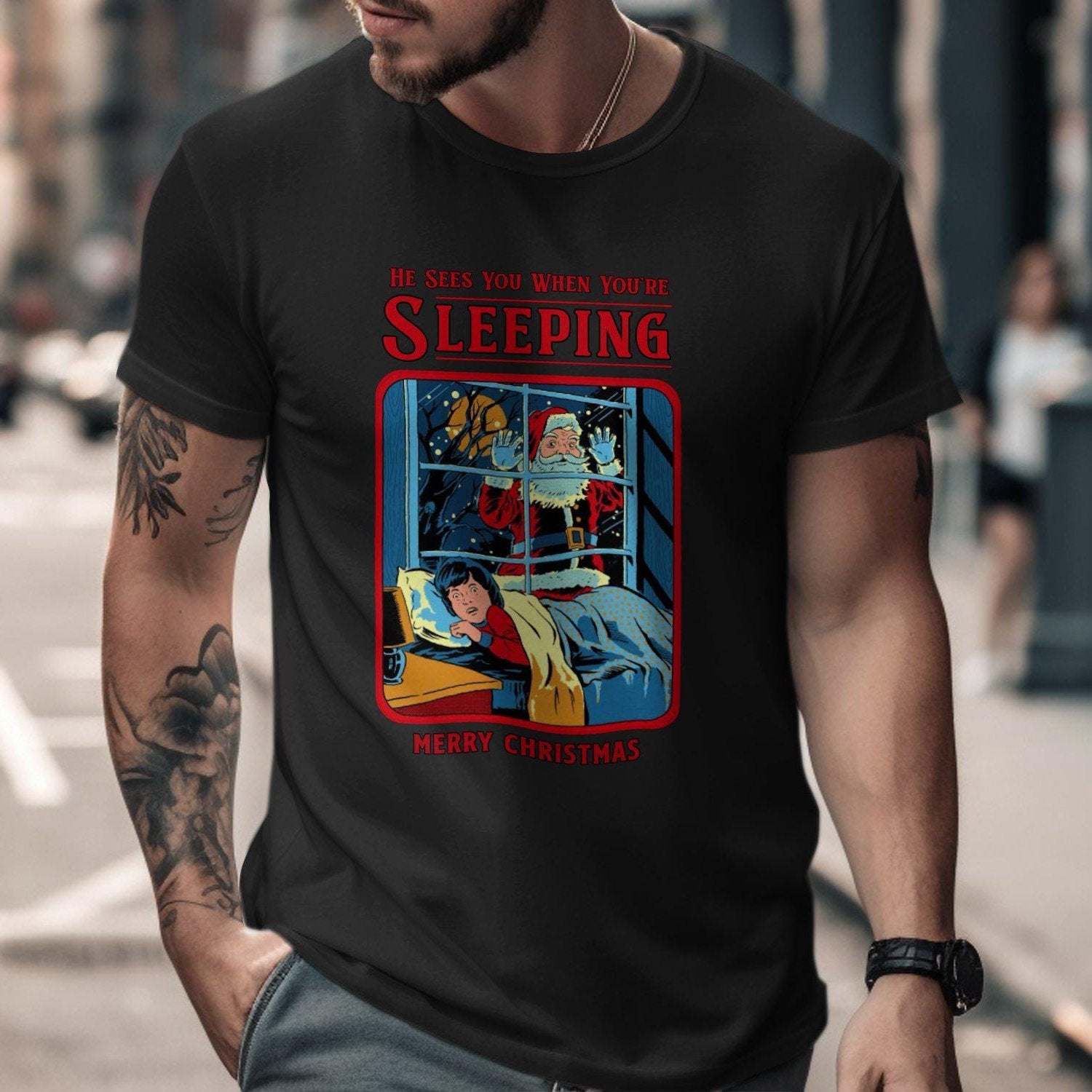 Funny Unhinged Santa T-Shirt, He Sees You When You're Sleeping, Merry Christmas Tee, Humorous Holiday Shirt, Unique Xmas Gift, Humor