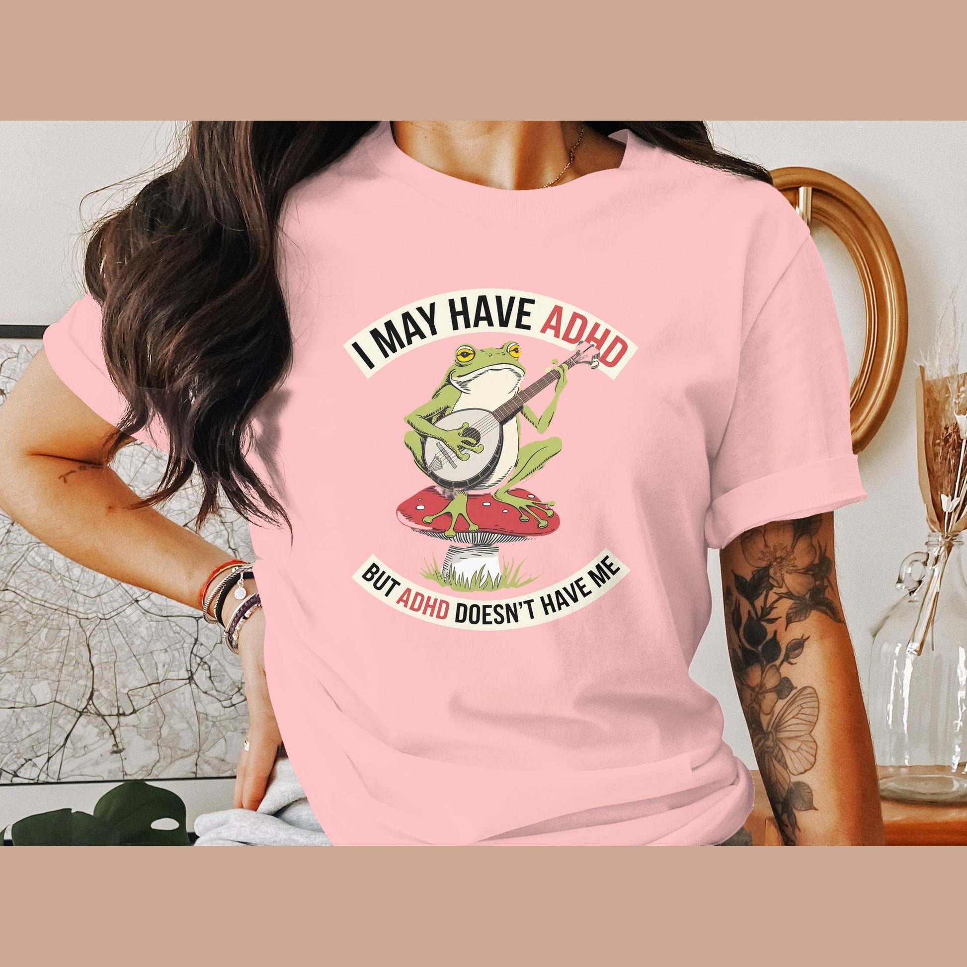 Funny Frog Banjo ADHD Humor Tee, I May Have ADHD But ADHD Doesn't Have Me Shirt, Unique Frog Music Lover T-Shirt Gift