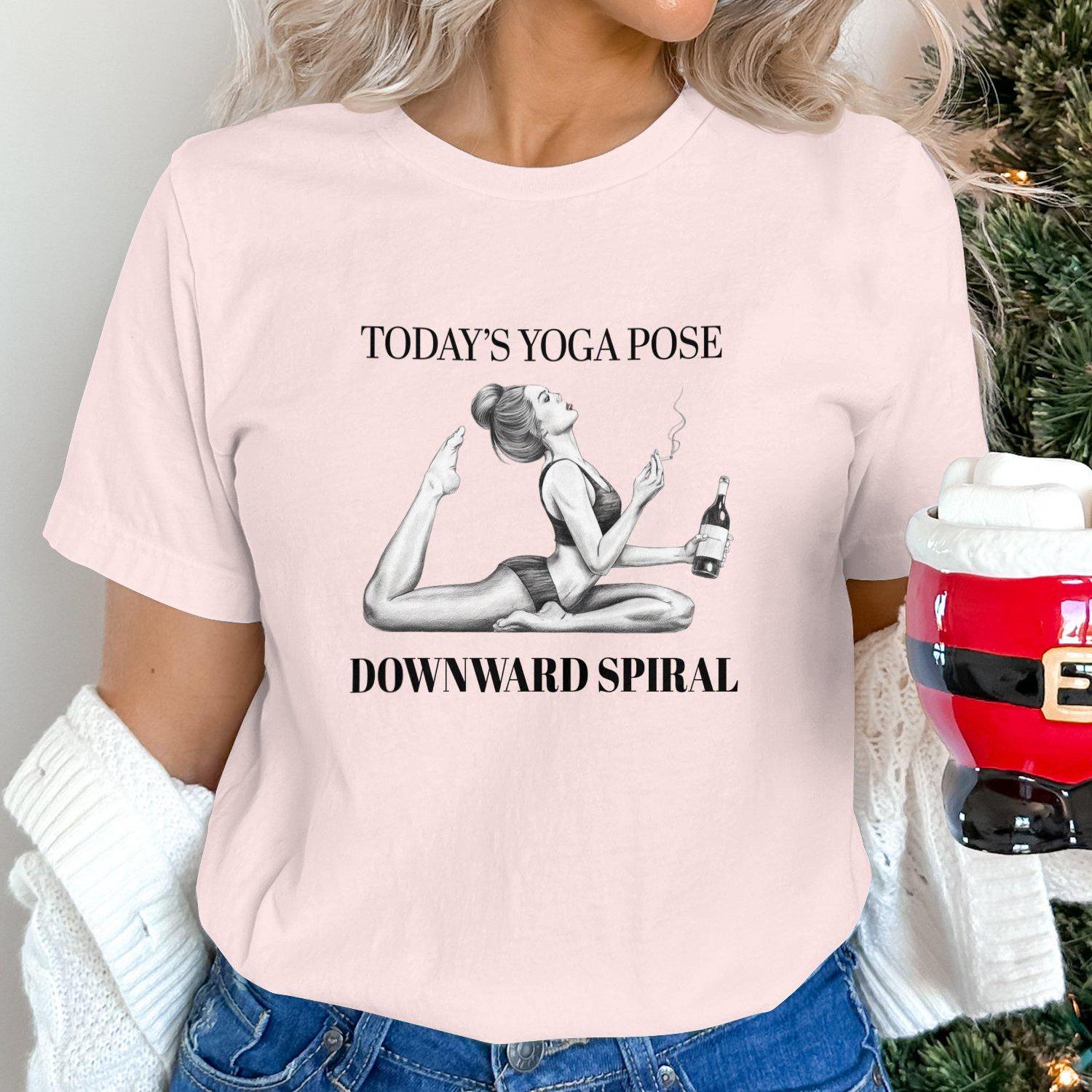 Yogi Gift, Funny Yoga Meme T-Shirt, Downward Spiral Yoga Pose Shirt, Wine Lover Yoga Tee, Yoga T-Shirt for Women, Humorous Yoga Apparel