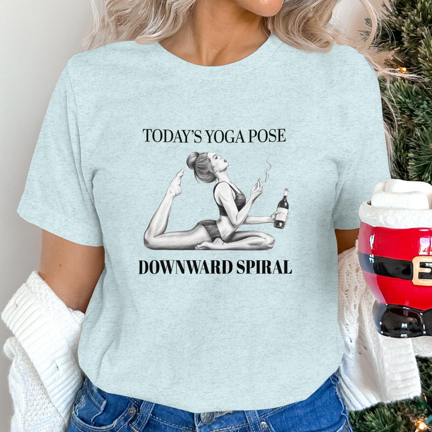 Yogi Gift, Funny Yoga Meme T-Shirt, Downward Spiral Yoga Pose Shirt, Wine Lover Yoga Tee, Yoga T-Shirt for Women, Humorous Yoga Apparel