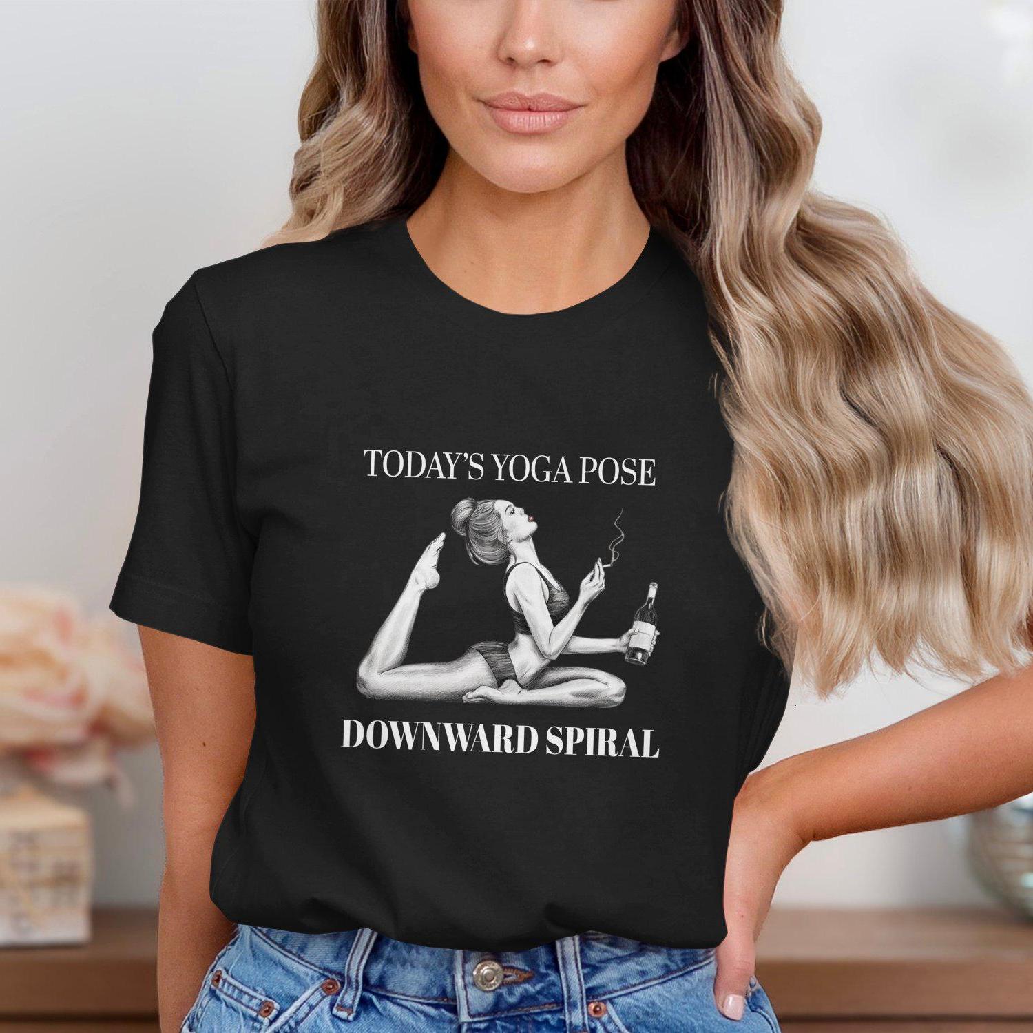 Yogi Gift, Funny Yoga Meme T-Shirt, Downward Spiral Yoga Pose Shirt, Wine Lover Yoga Tee, Yoga T-Shirt for Women, Humorous Yoga Apparel